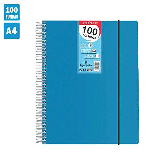 Starplast 182017- Carpeta Espiral Flexible Con 100 Fundas Transparentes, Tamaño A4, Cierre de Goma Elástica, Tapas de Polipropileno Color Azul