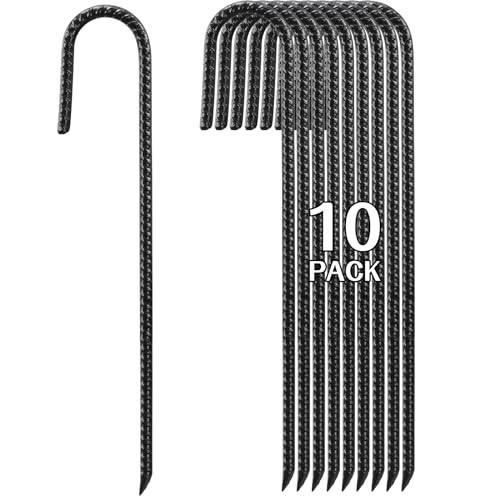 16 Inch Rebar Stakes Heavy Duty, 10 Pack J-Shaped Tent Stakes, Ground Anchor Stakes for Landscaping Plants Fabric Tube Fence, Black