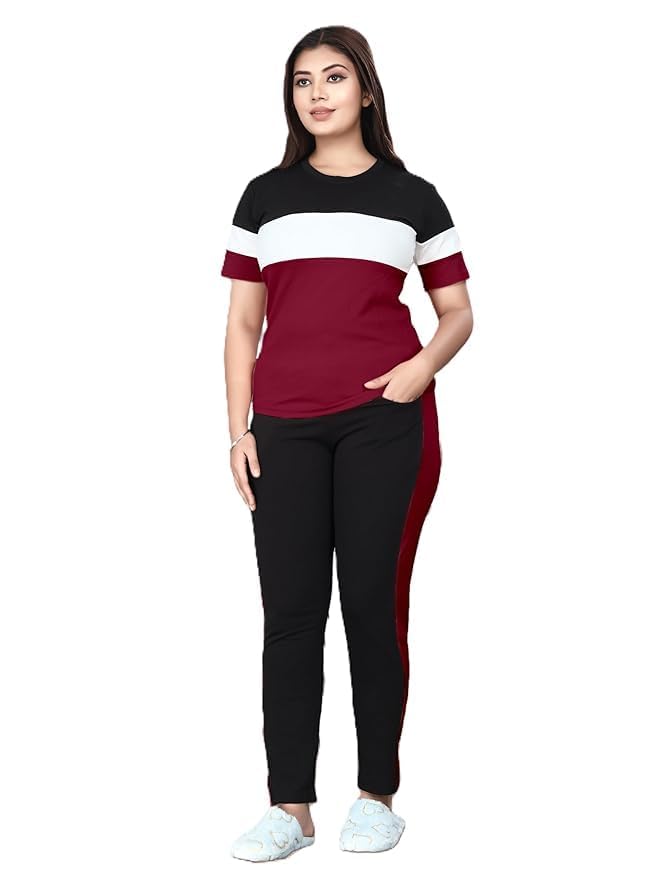 Cotton Blend Tracksuits for Women Half Sleeves Round Neck Woman Workout T-shirt & Pant for Sports Comfortable and Breathable Gym Wear for Womens Tracksuit Set-image-24