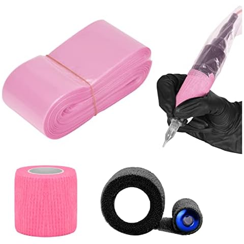 ATOMUS 100pcs Disposable Tattoo Clip Cord Sleeves Pink with 2pcs Self-adhesive Bandage Plastic Cover Bags Tattoo Pen Bag Tattoo Machine Accessories Cover