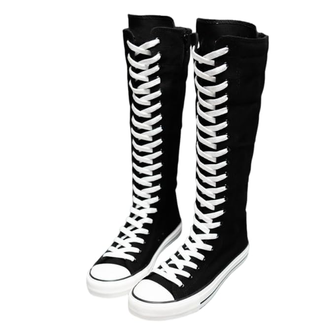Womens Tall Canvas Boots Knee High Sneakers Side Zip Canvas Shoes Dance Boots Women Lace Up Sneakers (Black 2 9.5)