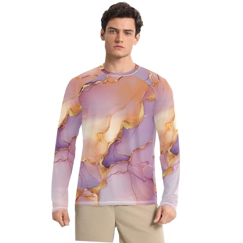 Marble Rose Gold Purple Men's Rash Guard Loose Crew Neck Elasticity Long Sleeve Sun Protection UPF 50+ Water Fishing