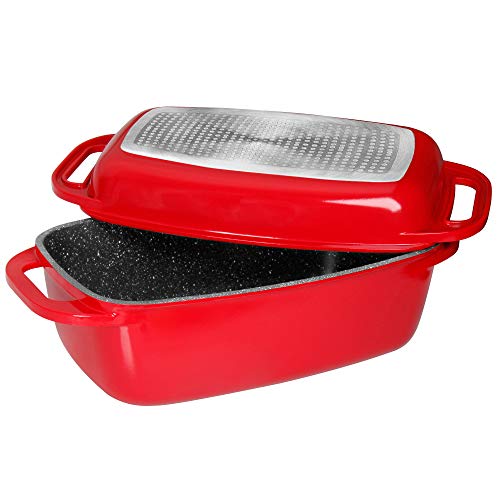 Stoneline braadpan, met gegoten aluminium deksel, deksel als ovenschaal bruikbaar, rood, 40 x 22 cm