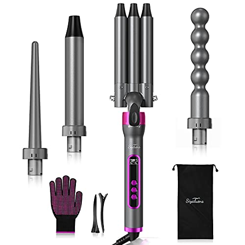 Curling Iron 3 Barrel Hair Waver,Siyaluens 4 in 1 Curling Wand Set with 4 Interchangeable Ceramic Tourmaline Barrels 0.35-1inch,LCD Temp Control Instant Heat Up,Hair Crimper with Glove & 2 Hair Clips