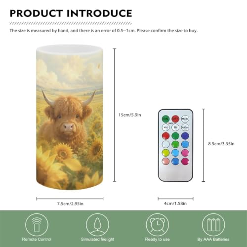 Image of Poceacles LED Flameless Candles Battery Operated Candles with Remote Control Timer Flickering Wick Pillar Tealight for Home Outdoor Decor, Sunflower Highland Cow