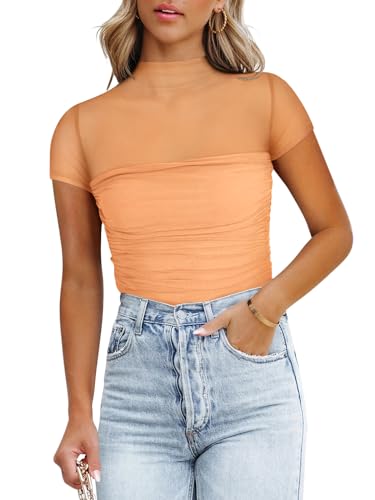 Image of REORIA Women's Summer Sexy Mock Turtle Neck Short Sleeve Slimming Shirts Sheer Mesh Ruched Fashion Night Out Thong Body Suits Tops Peach Fuzz X-Large