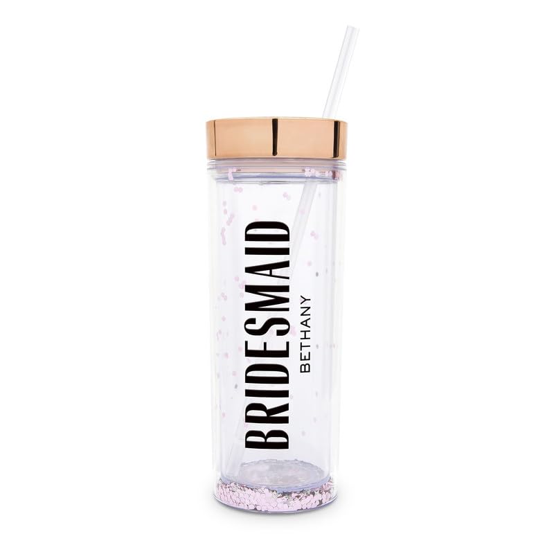 WEDDINGSTAR Reusable Water Bottle 16 Ounce – Customizable Eco-Friendly Plastic – 100% BPA-Free Personalized Transparent Party Cup with Straw – Rose