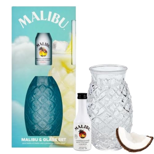 Malibu Coconut Rum Gift Set 5cl Miniature 18% ABV with PineappleShaped Glass Tropical Coconut Liqueur Gift by Blue Tree Gifts