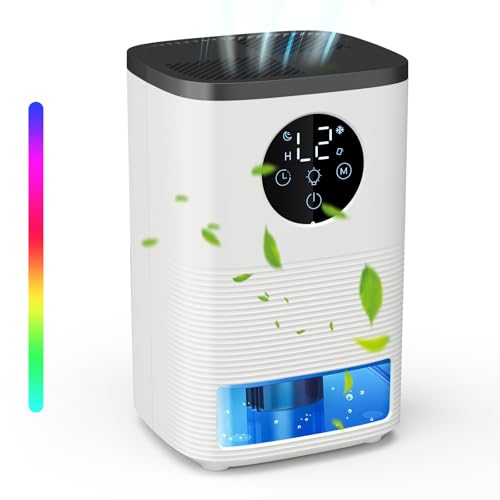 Deshumidificador, 1400ml Deshumidificador de Humedad con 7 Luces de Color Modo Sleep Desumidifador Silencioso Portatil Eléctrico con Apagado Automático, Descongelación Auto, Temporizador para Hogar
