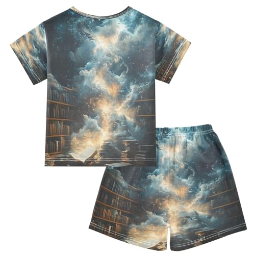 ALAZA Bookshelf Bookworm Cloud Sky Pajamas Set Short Sleeve Cotton Sleepwear Summer Pjs 2 Piece 5-14Y2
