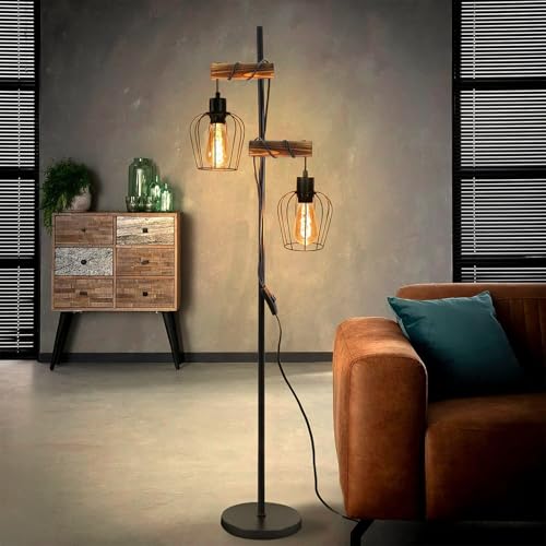 ZMH Lampadaire vintage, pour salon, à 2 lampes, design industriel, en métal et bois,avec interrupteur, noir, culot : E27, hauteur : 163 cm, sans ampoule