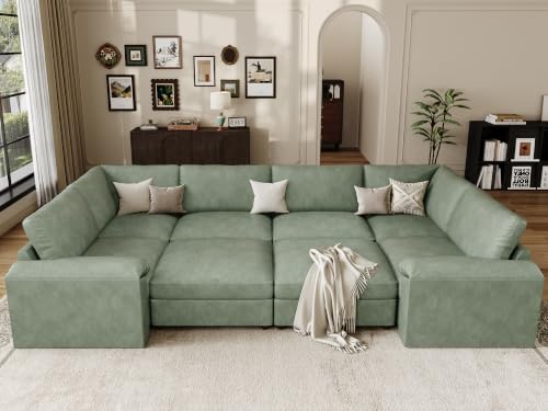 Image of EASE MOOSE Faux Leather Couch Bed, Modular Sectional Sofa Sleeper, Green