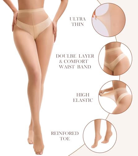 Image of Womens Sheer Tights, 40D Mid Waist Control Top Pantyhose Nylon Tights- Stockings for Women with Reinforced Toes
