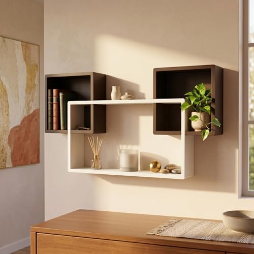 Image of Modern Geometric Floating Wall Shelf - Wall Mounted Decorative Display Shelves for Living Room, Bedroom & Office | Wooden Wall Shelf for Home Decor, Books, Plants & Showpieces (Brown & White)