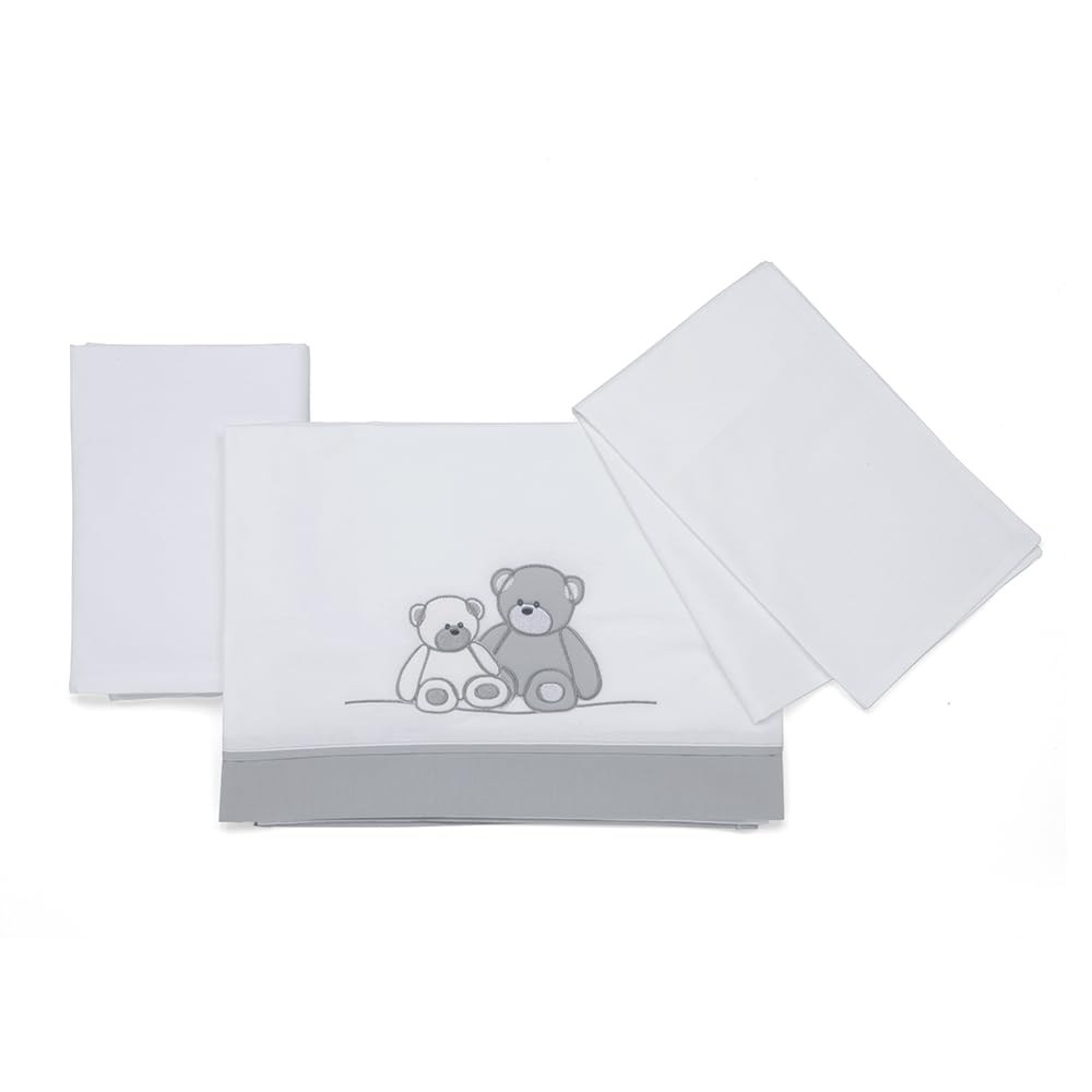 Foppapedretti Juego de sábanas para Cuna Mascotte, 100% algodón, Compuesto por sábana encimera Bordada (168 x 120 cm), sábana Bajera (124 x 62 cm) y Funda de Almohada (57 x 35 cm), Blanco