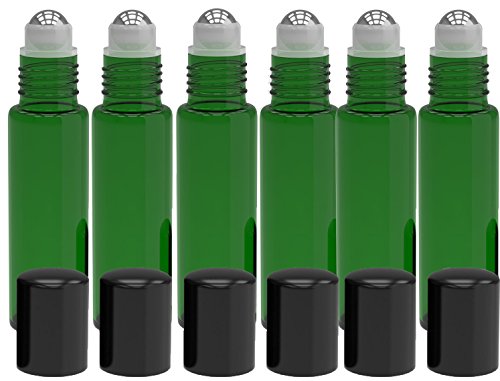 6 Pack - Empty Roll on Glass Bottles [Stainless Steel Roller] 10ml Refillable Color Roll On for Fragrance Essential Oil - Metal Chrome Roller Ball - 10 ml 1/3 oz - Green Color