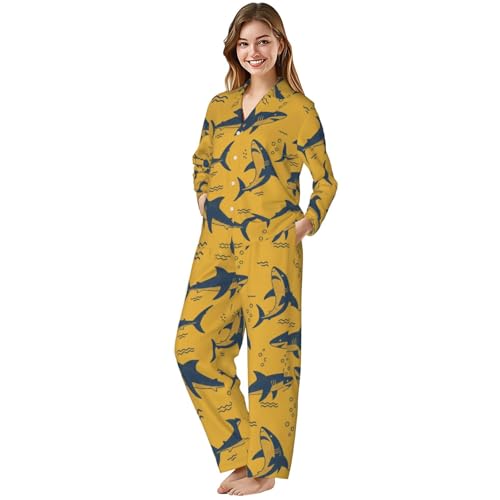 Image of Women'S Long Sleeve Pajama Set Soft Loungewear Button-Down Top & Elastic Waist Pants S- 2XL