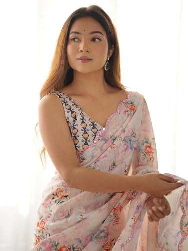 Image of Panzora Women's Chinon Printed Saree With Unstitched Blouse Piece