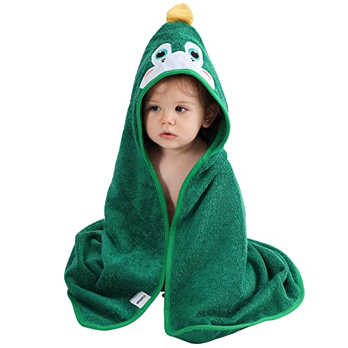 MICHLEY Bamboo Viscose Baby Hooded Bath Towel for Boys and Girls, 29.5 x 29.5 Inch Ultra-Soft and Quick-drying Infant Bath (Dinosaur)