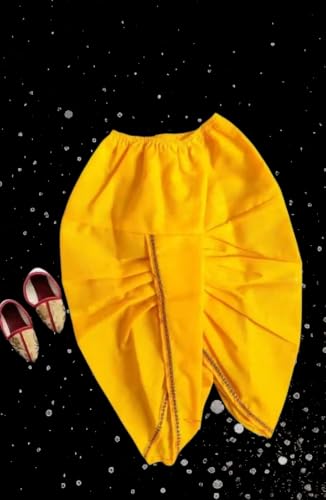 Image of Boys Krishna Costume Kurta Dhoti Set, Yellow Bandhani Print