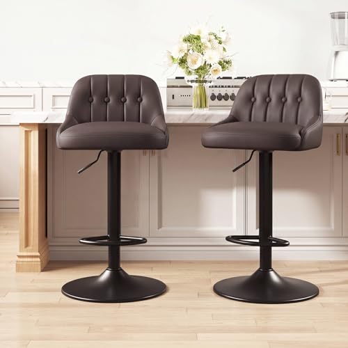 Image of MALOL Bar Stools Set of 2, Swivel Bar Chairs, Modern Adjustable PU Leather Upholstered Barstools Counter Height with Tufted Back for Bar, Kitchen Counter Island, Dining Room, Brown