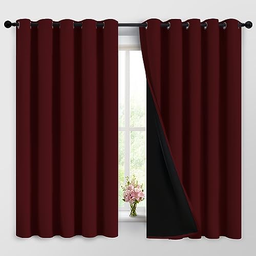 Image of Yakamok Burgundy Red Blackout Curtains 63 Inches Long for Bedroom 62 inch Wide | Blackout Curtain Panels for Bedroom, 2 Thick Layers Grommet Top Thermal Insulated Drapes with Black Liner for Living Room