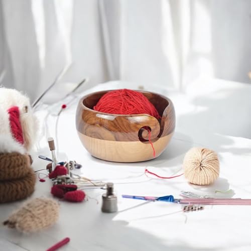 Image of Large Wooden Yarn Bowl | Handmade Knitting Wool Storage Bowl | Yarn Holder Dispenser with Holes to Prevent Slipping and Tangles for Knitting & Crocheting (Brown & Offwhite)