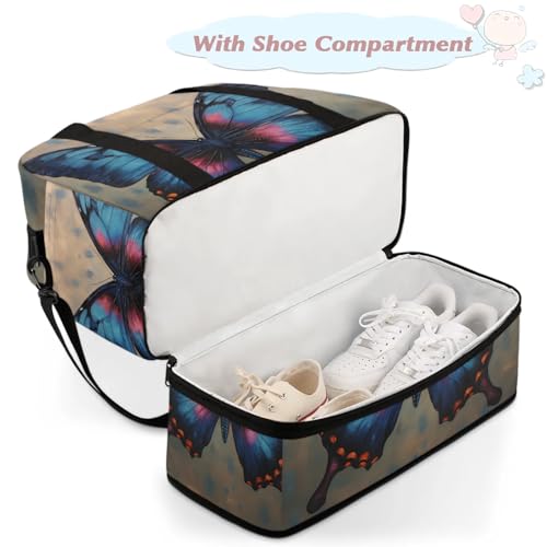 Large Weekender Overnight Bags Animal Butterfly Retro Travel Duffel Bag for Women Men Gym Bag With Shoe Compartment Foldie Travel Tote Bag Carry On Personal Item Bag for Travel Gym Sports4