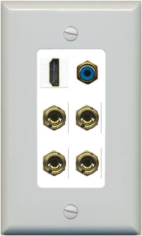 RiteAV 2 Speaker 4 Banana Binding Post HDMI RCA Wall Plate - 1 Gang Decorative [Stainless/White]