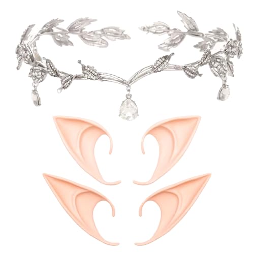 Elfenohren und Tiara Set 2 Paar Lange und Kurze Polyester Ohren mit Kristall Gold Fee Prinzessin Stirnband Cosplay und Party Zubehör (Silber)
