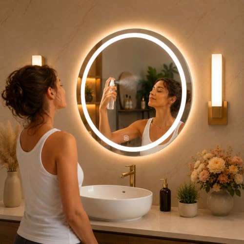Image of 24x24 Inch Round Glass Wall Mounted LED Mirror with Smart Touch Sensor & 3 Color Lights (Warm, Cool, Natural) for Bathroom, Washbasin & Vanity