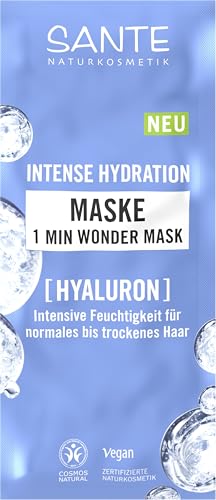Sante Naturkosmetik Intense Hydration 1 Min Wonder Mask, intensive Sofortpflege für Feuchtigkeitsbedürftiges Haar mit Hyaluron & 3-Fach Protein Komplex, für Normales bis Trockenes Haar, vegan, 20ml