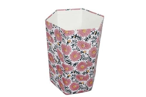 Image of 3.3 Gallon Cotton Hand Block Printed Paper Waste Basket |Small Decorative Trash Can for Housewarming Gifts in Living Room, Bedroom, Bathroom | Eco-Friendly, Plastic-Free (1, Green Pink Sun FLOWAR)