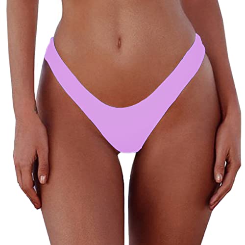 Leoparts Women's Sexy Cheeky Brazilian Cut Bikini Bottom Solid Low Rise High Leg Thong Swimsuit Bottom Purple