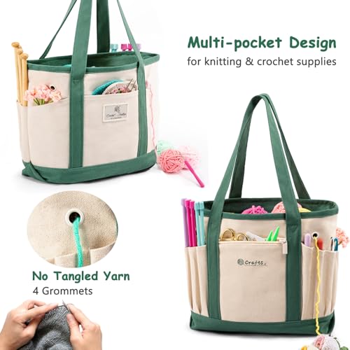 Image of MYBAGZING Canvas Yarn Storage Organizer Bag Washable Crochet Bag with Pockets for Yarn, Hooks, Needles - Travel Knitting Tote for Crafters - Gift for Crocheters & Knitters (Medium /Large)