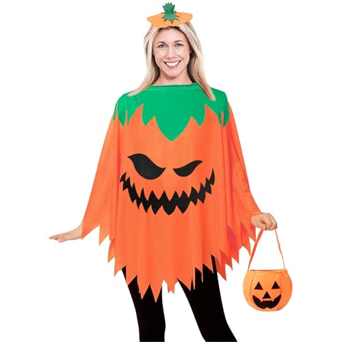 Disfarce de abóbora para adultos, capa de poncho abóbora mulher Halloween, disfarce de fantasma laranja com diadema e saco de abóbora, roupa bonita para disfarces de Halloween para festas temáticas,