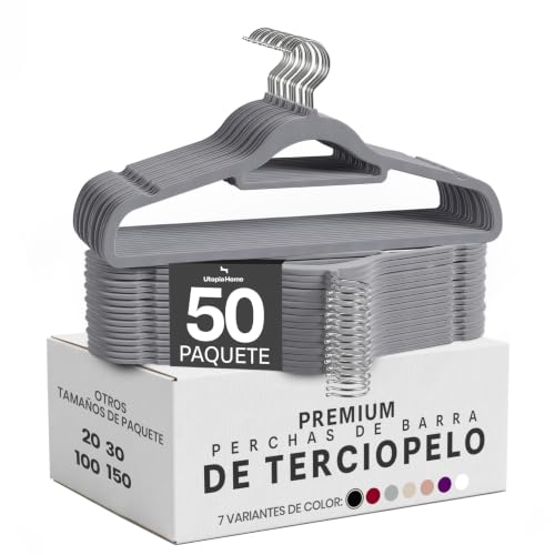 Utopia Home Perchas Terciopelo con Tie Bar (Gris, Paquete de 50)