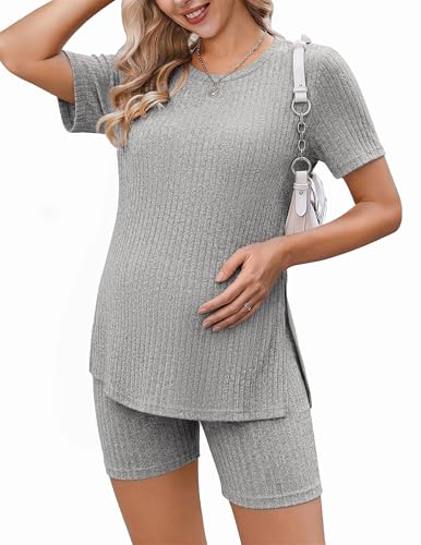 Image of Ekouaer Maternity Sets 2 Piece Outfits Ribbed Knit Short Sleeve Shirts and Biker Shorts Pregnancy Loungewear Mama Clothes