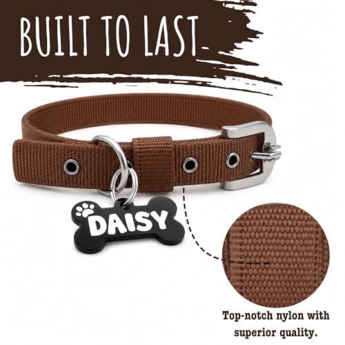 Image of PawPro Personalized Dog Collar with Name Tag, Soft Nylon Pet Collar with Custom Bone Shape ID Tag, Adjustable Dog Neck Belt with Stainless Steel Buckle for Small, Medium & Large Dogs (Brown, Medium)