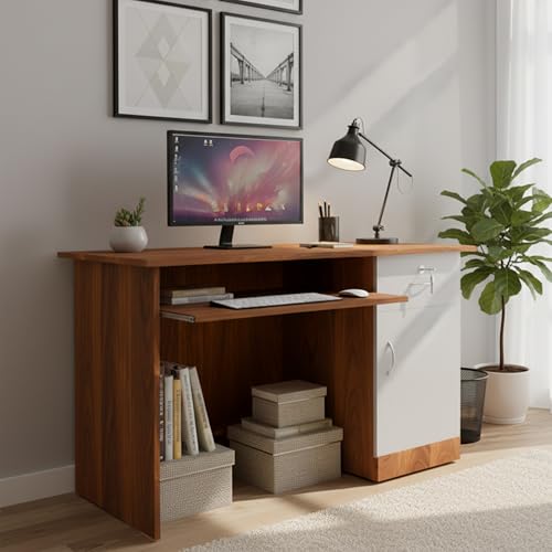 Image of NITYAM Wooden Computer Table with Keyboard Tray, Storage Drawer, CPU Printer Space, for Home Office, Adults, Students (Warranty: 1 Year, Color-Walnut & White)