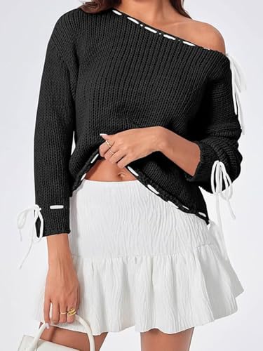 ebossy Womens Cute Bow Sweater Y2k Long Sleeve Boat Neck Loose Lace Up Pullover Jumper Going Out Tops2