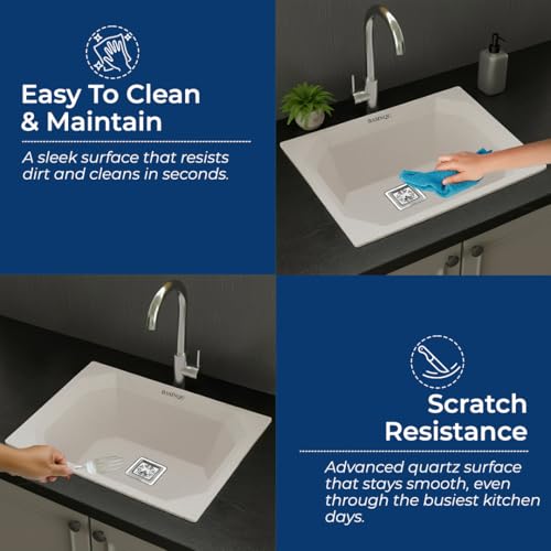 Image of BASINQU Quartz Sink for Kitchen | 24x18x9 Inches Rosa Single Bowl Sink For Kitchen Basin Diamond Designed | Granite UV Protected Scratch Resistant, Undermount /Topmount Kitchen Sinks