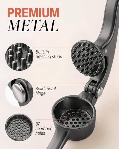 Image of Zulay Kitchen Premium Garlic Press Set - Rust Proof Professional Garlic Mincer Tool - Easy-Squeeze, Easy-Clean with Soft, Ergonomic Handle - Silicone Garlic Peeler & Brush-Dark Gray
