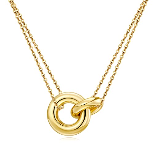 AllenCOCO Dainty Gold Necklace for Women Trendy, Cute Sister Necklaces, 14k Gold Plated S925 Sterling Silver Interlocking Circle Heart Necklace Herringbone Chain Choker Necklace for Women Non Tarnish