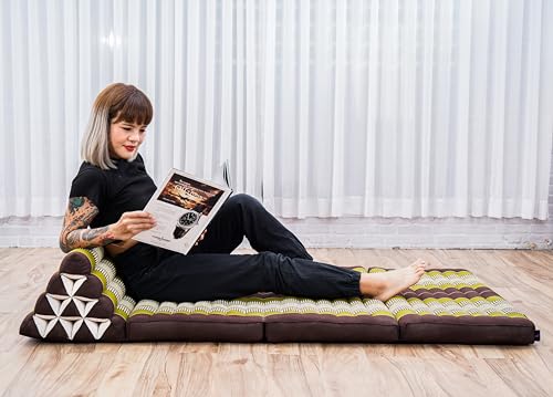Image of Leewadee 3-Fold Mat XXL with Triangle Cushion - Firm TV Pillow, Foldable Mattress with Cushion Made of Kapok, 67 x 31 inches, Brown Green