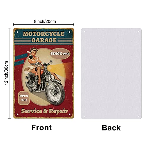 SUPERDANT Garage Metal Signs Open Motorcycle Garage 24/7 Tin Signs Motor Girl Wall Plaques Motorbike Post Art for Man Cave Home Bathroom Bar Pub Vintage Decor