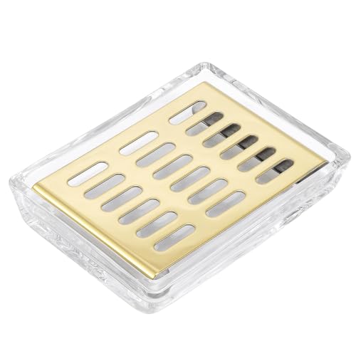 Jabonera de cristal (11,3 x 8,5 x 2,4 cm), soporte de jabón de acero inoxidable para baño y ducha, jabonera de doble capa (bandeja dorada)