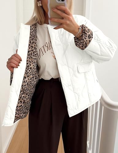 Flygo Women's Casual Quilted Puffer Jacket Leopard Lined Collarless Cropped Button Down Winter Warm Lightweight Bomber Coat3
