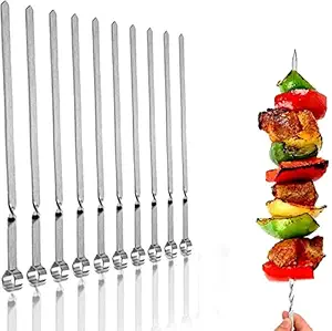 HIKIZIKI Kabob Skewers, 10 PCS 15.2 Inch Flat Metal BBQ Barbecue Skewer Stainless Steel Shish Kebob Sticks Wide Reusable Grilling Skewers Set for Meat Shrimp Chicken