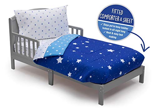 Delta Children 4 Piece Toddler Bedding Set For Boys - Reversible 2-In-1 Comforter - Includes Fitted Comforter To Keep Little Ones Snug, Bottom Sheet, Top Sheet, Pillow Case - Blue Stars #TOP1